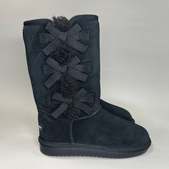 Koolaburra Victoria Boots Girl's Size 13 Black Tall Bow Shearling Suede Winter - Picture 1 of 13